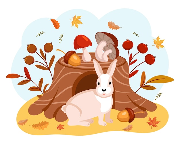 Vecteur mignon lapin et souche d'arbre avec champignons forestiers, glands, rowan et feuilles d'automne. illustration