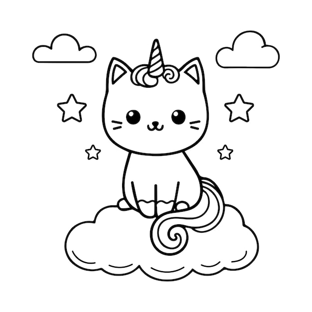 Un mignon licorne de chat dessiné à la main page de coloriage illustration vectorielle