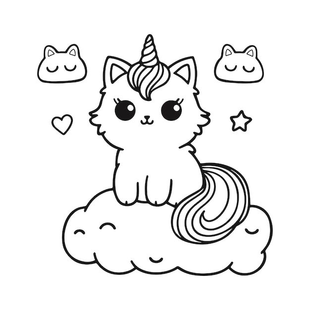 Un mignon licorne de chat dessiné à la main page de coloriage illustration vectorielle