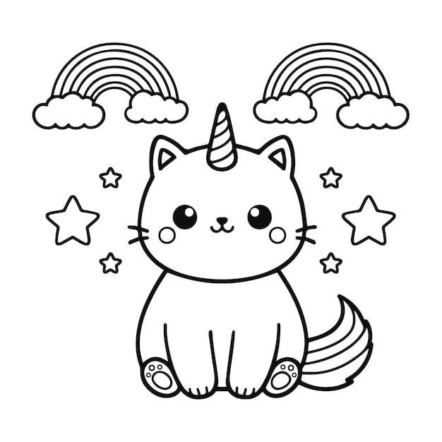 Un mignon licorne de chat dessiné à la main page de coloriage illustration vectorielle