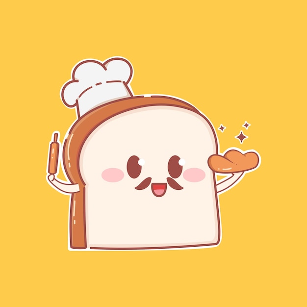 Vecteur mignon, logo, mascotte, tenue, croissant, et, rouleau pâtisserie