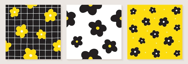 Mignon Marguerite Fleur Blanc Noir Jaune Couleur Confetti Tissu Textile Grille Ligne Vérifier Modèle Sans Couture