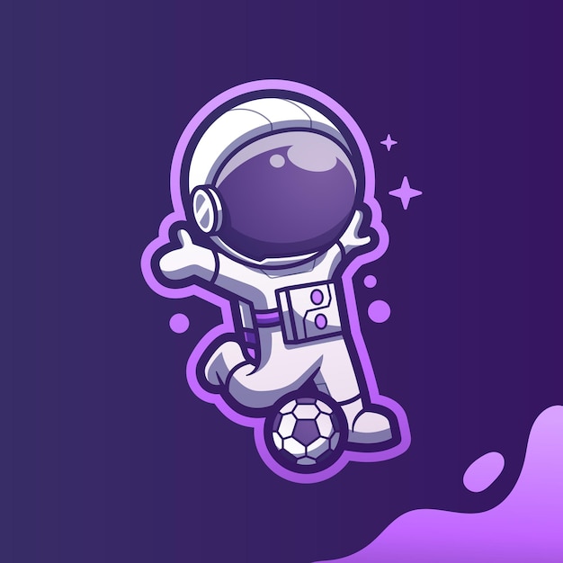 Vecteur mignon, mascotte, astronaute, jouer football, football, dessin animé, vecteur, icône, illustration, dessin animé, vecteur, icône, illustration, spaceman, mascotte, dessin animé, caractère, plat, dessin animé, style, autocollant, et, carte