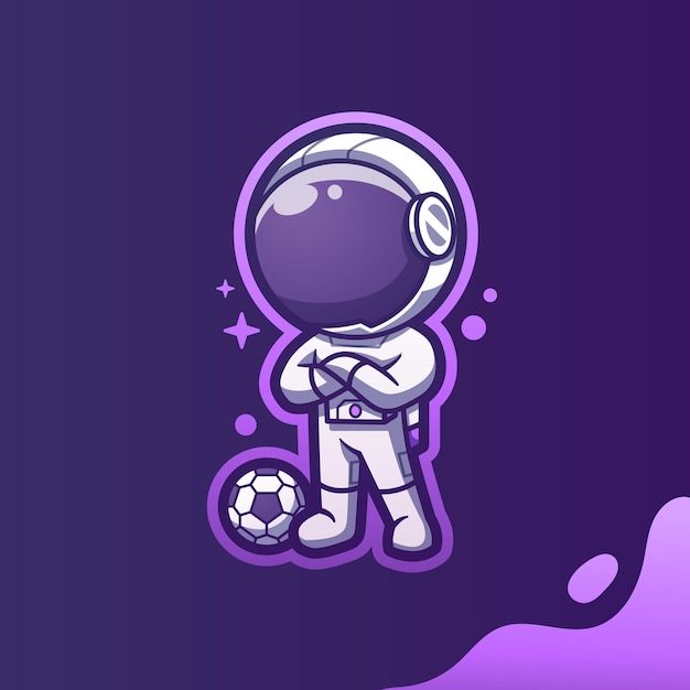 Vecteur mignon, mascotte, astronaute, jouer football, football, dessin animé, vecteur, icône, illustration, dessin animé, vecteur, icône, illustration, spaceman, mascotte, dessin animé, caractère, plat, dessin animé, style, autocollant, et, carte