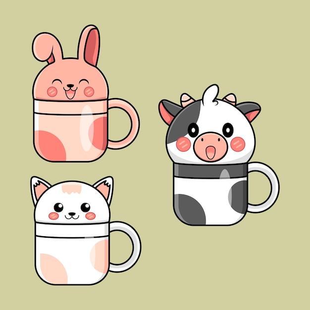 Vecteur mignon mug animal vector design lapin chat et vache