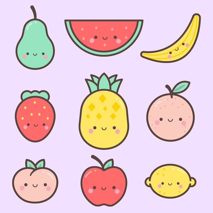 Vecteur mignon neuf fruits kawaii souriant