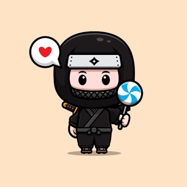Vecteur mignon ninja amour sucette bonbons mascotte icône illustration