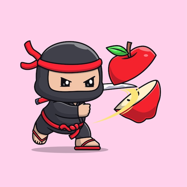 Mignon, Ninja, Slash, Pomme, à, épée, Dessin Animé, Vecteur, Icône, Illustration, Gens, Vacances, Icône, Isolé