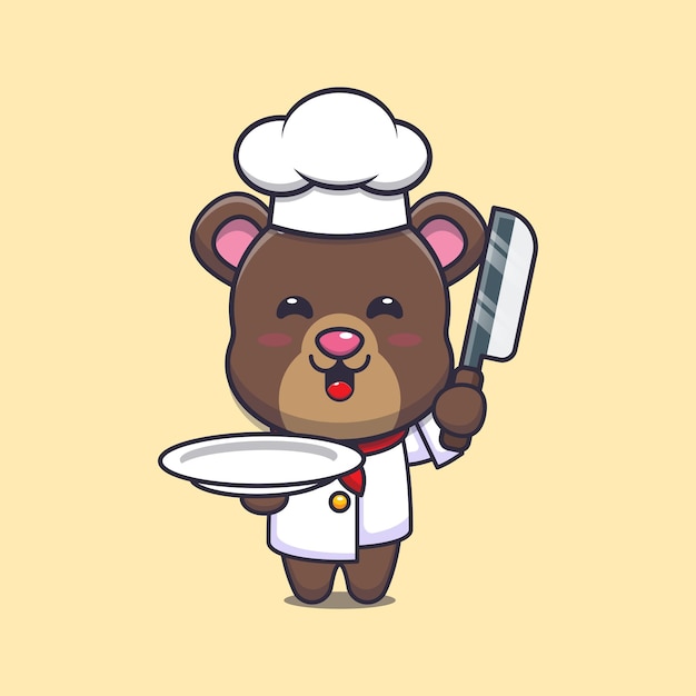 mignon, ours, chef cuisinier, mascotte, dessin animé, caractère, à, couteau, et, plaque