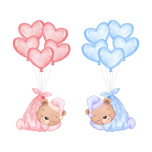 Mignon Ours Endormi Voler Avec Des Ballons Dans Un Style Aquarelle