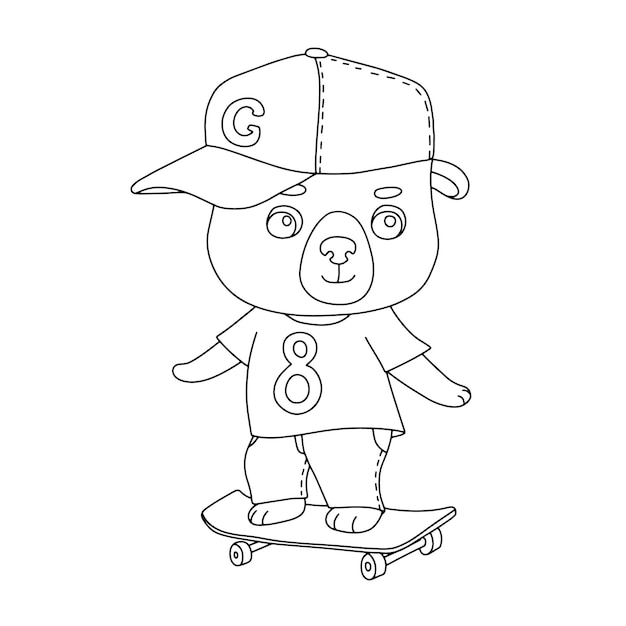 Mignon ours garçon équitation skateboard Cool guy ours animal en cap isolé sur blanc Illustration de contour vectoriel pour livre de coloriage