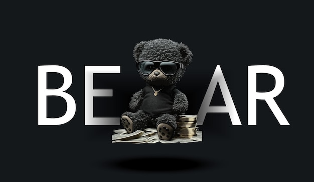 Un mignon ours en peluche dans un t-shirt noir est assis sur une pile d'argent Illustration charmante drôle d'un ours en peluche sur fond noir Impression pour vos vêtements ou cartes postales Illustration vectorielle