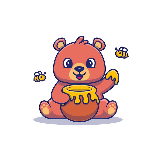 Mignon ours en peluche mange du miel Illustration. Ours et miel. Style de dessin animé plat