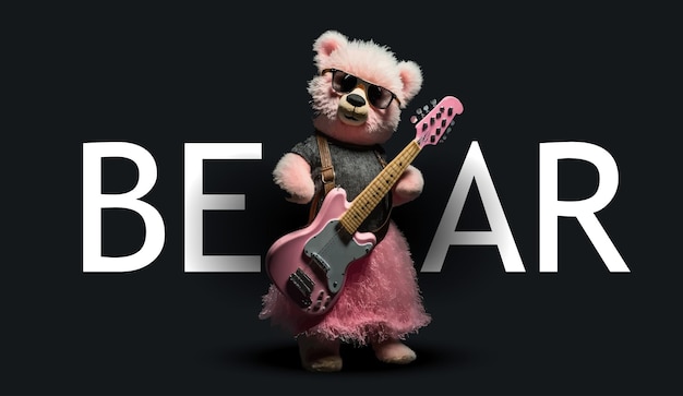 Un mignon ours en peluche vêtu d'une jupe rose une veste en cuir des lunettes de soleil roses joue