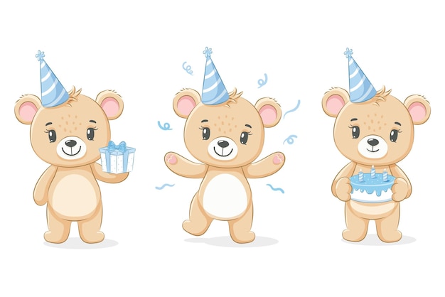 Un Mignon Ours En Peluche Vous Souhaite Un Joyeux Anniversaire Pour Un Garçon Illustration Vectorielle D'un Dessin Animé