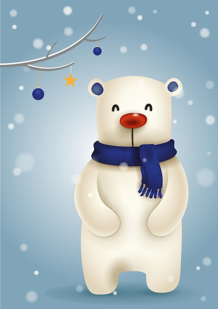 Un mignon ours polaire dans un foulard bleu avec des décorations de Noël