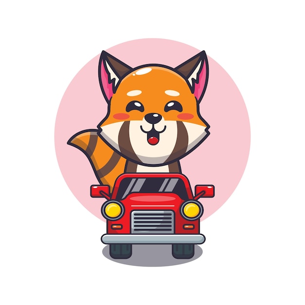 mignon, panda rouge, mascotte, dessin animé, caractère, monter, voiture