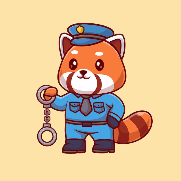 Mignon Panda Rouge Police Tenant Des Menottes Dessin Animé Vecteur Icône Illustration. Profession Animale Isolée