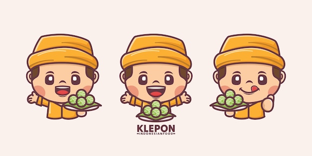 Vecteur un mignon personnage de dessin animé avec de la nourriture traditionnelle indonésienne klepon