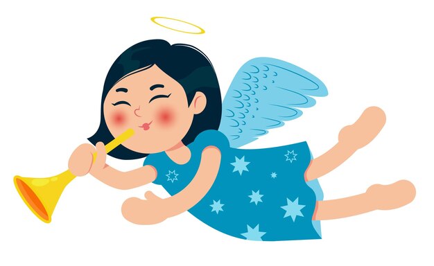 Mignon Petit Ange De Noël Avec Trompette Bébé Asiatique Personnage De Dessin Animé