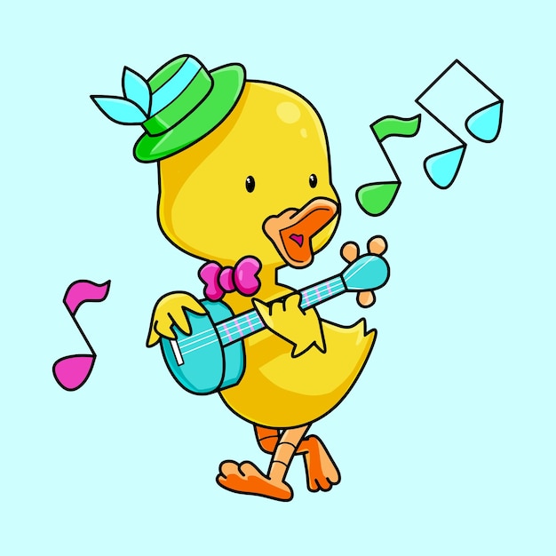 Vecteur mignon petit canard chantant et jouant de la guitare portant un chapeau et une cravate