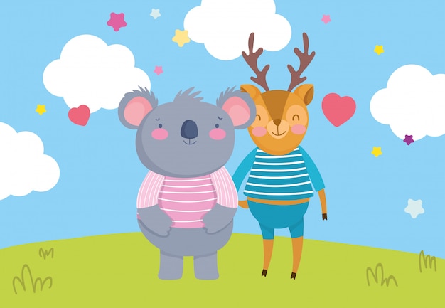 Mignon Petit Cerf Et Koala Herbe Amour Coeurs Dessin Animé