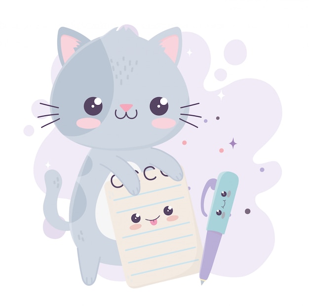 Mignon Petit Chat Avec Bloc-notes Et Stylo Personnage De Dessin Animé Kawaii