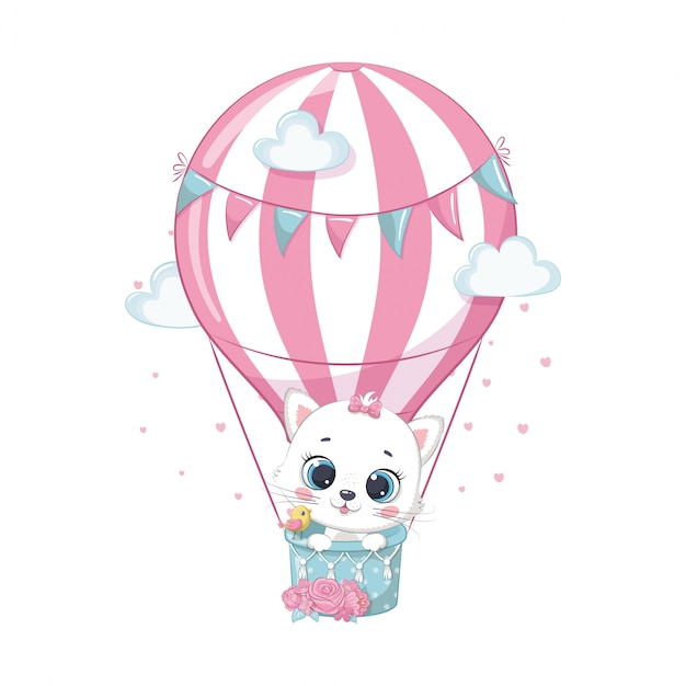 Mignon Petit Chat Sur Une Montgolfière. Illustration Pour Baby Shower, Carte De Voeux, Invitation à Une Fête, Impression De T-shirt De Vêtements De Mode.