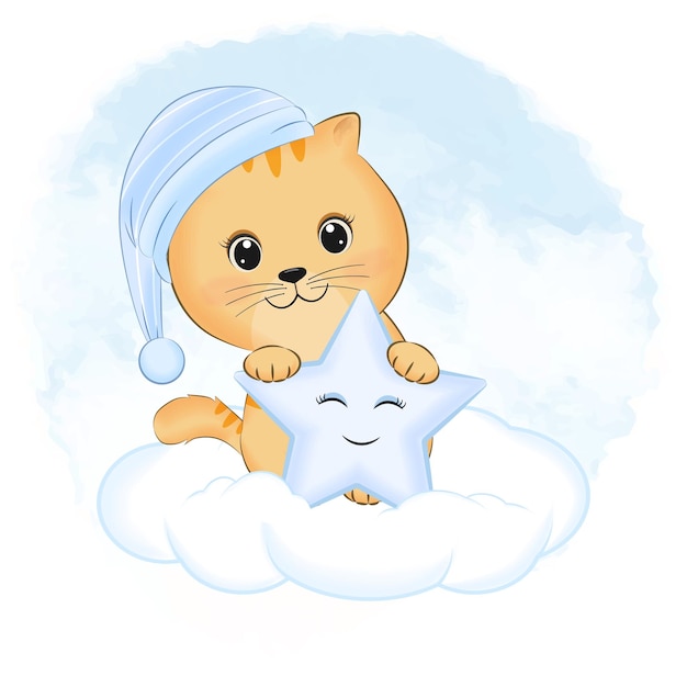 Vecteur mignon petit chat orange avec étoile sur l'illustration de dessin animé animal nuage