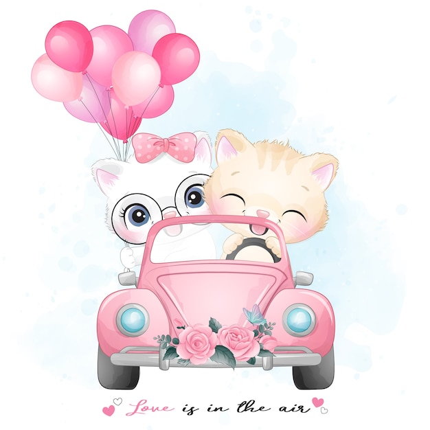 Mignon Petit Chaton Au Volant D'une Voiture Avec Illustration Aquarelle