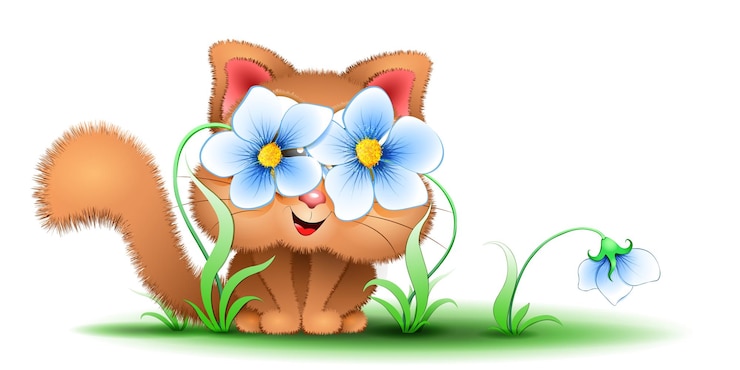Vecteur mignon petit chaton de dessin animé rouge moelleux se cachant derrière des fleurs