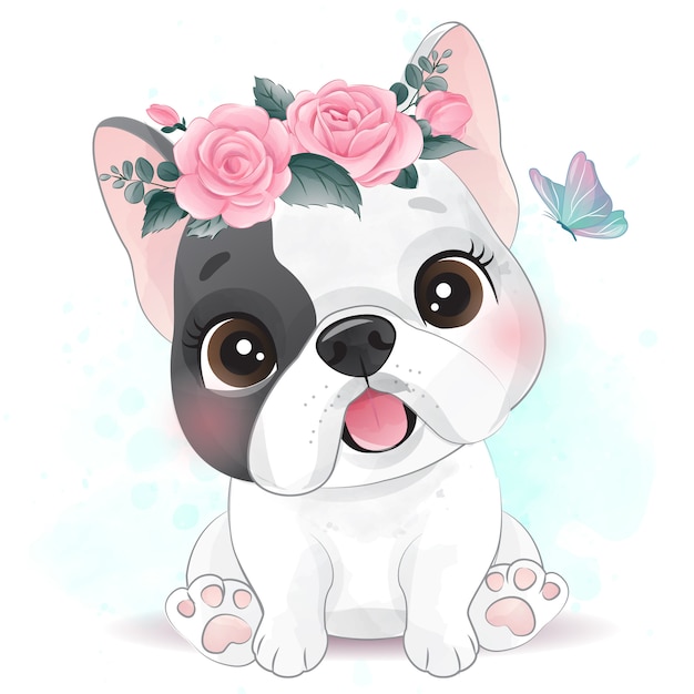 Mignon Petit Chien Avec Illustration Florale