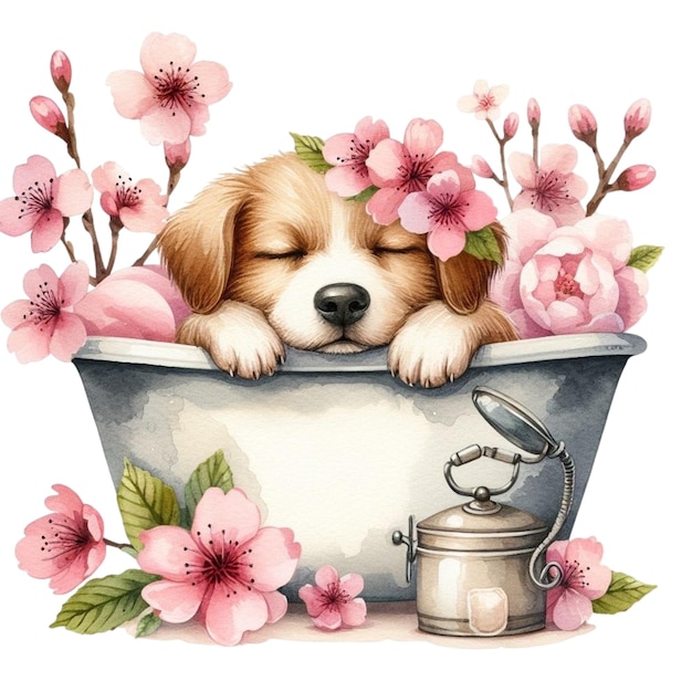 Vecteur un mignon petit chien qui dort dans une baignoire avec des cerisiers en fleurs.