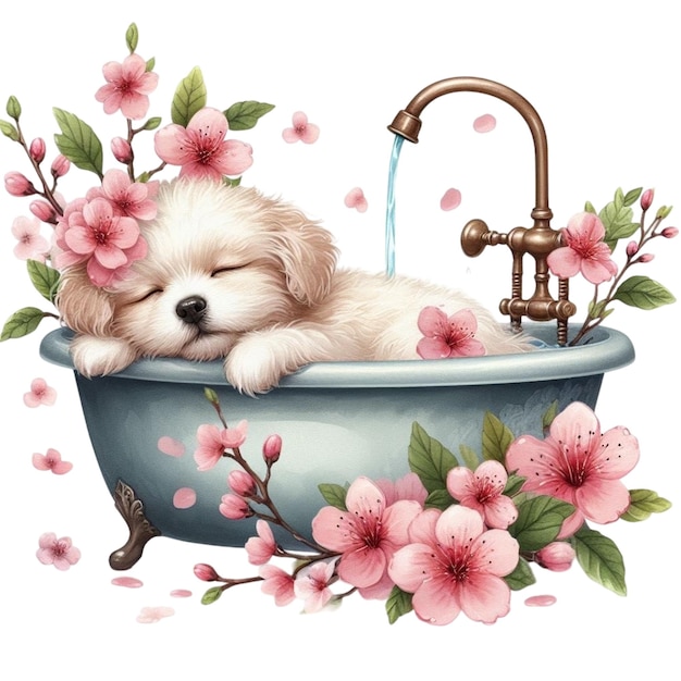 Vecteur un mignon petit chien qui dort dans une baignoire avec des cerisiers en fleurs.