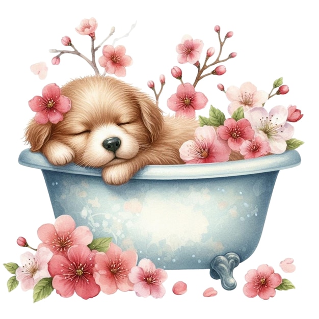 Vecteur un mignon petit chien qui dort dans une baignoire avec des cerisiers en fleurs.