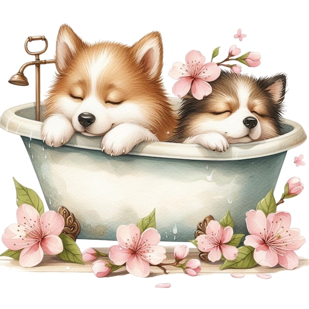 Vecteur un mignon petit chien qui dort dans une baignoire avec des cerisiers en fleurs.
