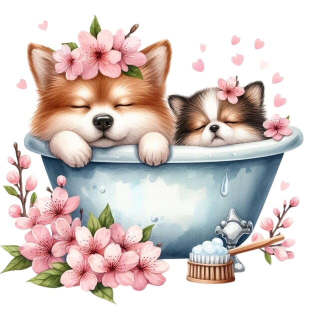 Vecteur un mignon petit chien qui dort dans une baignoire avec des cerisiers en fleurs.