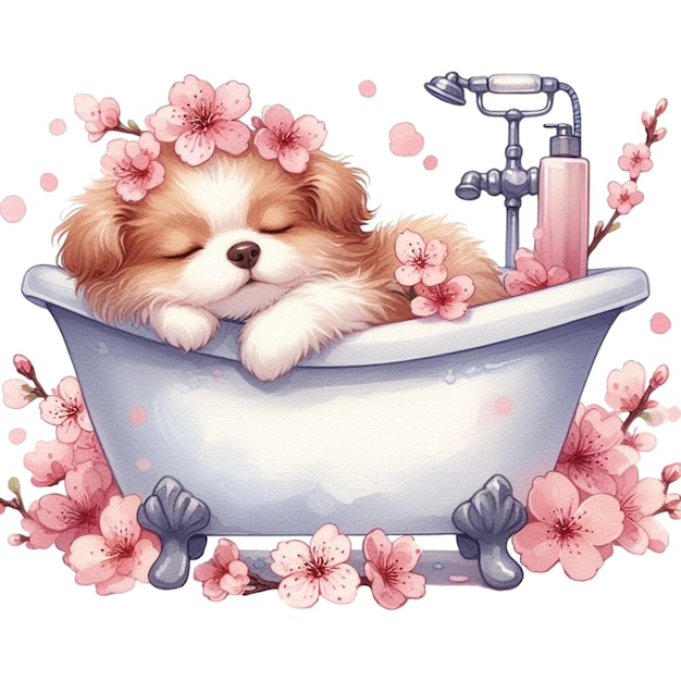 Vecteur un mignon petit chien qui dort dans une baignoire avec des cerisiers en fleurs.