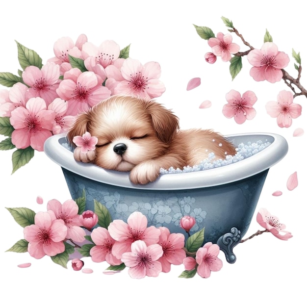 Vecteur un mignon petit chien qui dort dans une baignoire avec des cerisiers en fleurs.