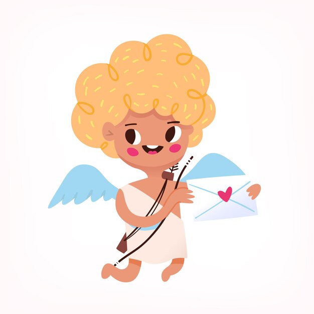 Mignon Petit Cupidon Volant Avec Lettre D'amour Illustration Vectorielle Isolée Du Personnage D'ange Enfant