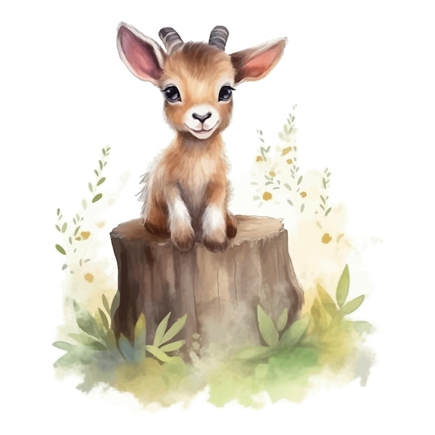 Mignon Petit Dessin Animé De Chèvre Sur Souche D'arbre Avec Style Aquarelle