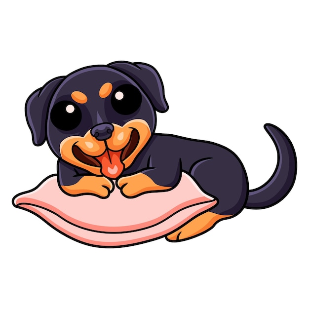 Vecteur mignon petit dessin animé de chien rottweiler sur l'oreiller