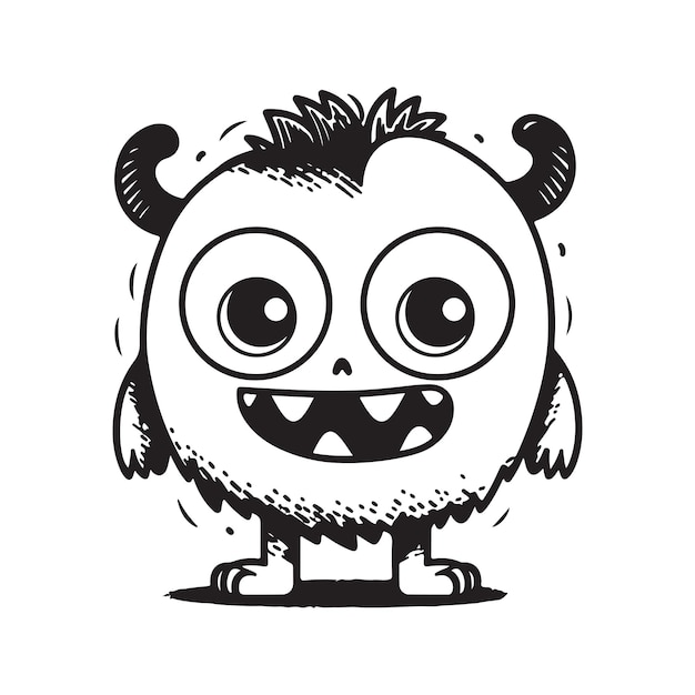 Mignon petit dessin animé monstre vintage logo ligne art concept noir et blanc couleur illustration dessinée à la main