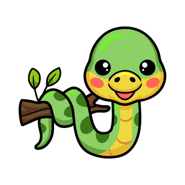 Mignon petit dessin animé de serpent vert sur une branche d'arbre