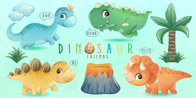 Mignon petit dinosaure avec collection aquarelle