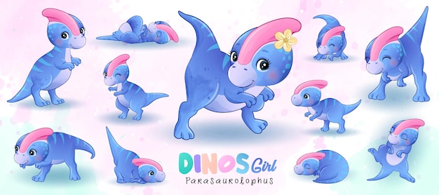 Mignon Petit Dinosaure Pose Avec Illustration Aquarelle