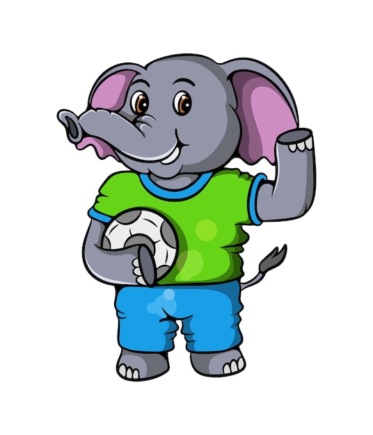 mignon petit éléphant dessin animé illustration design souriant doux joueur de football tenant la balle