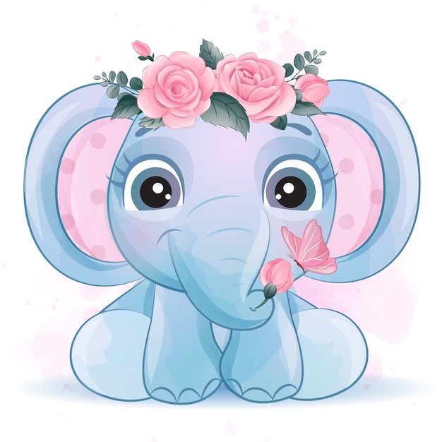 Mignon petit éléphant avec effet aquarelle