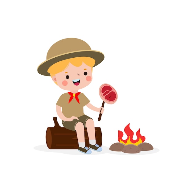 Mignon Petit Enfant Assis Sur Une Bûche Et Rôtir Du Boeuf Sur Un Feu De Camp Boy Scout Ou Girl Scout Uniforme D'honneur