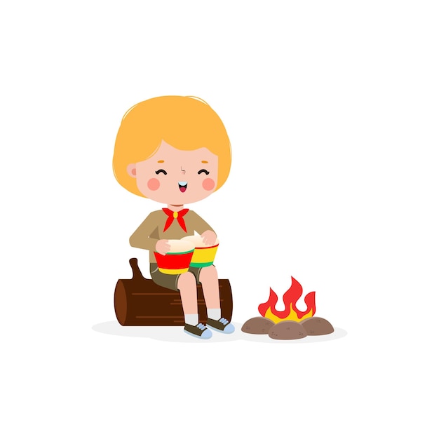 Mignon petit enfant jouant de la batterie bongo boy scout ou girl scout assis sur une bûche près du feu de camp